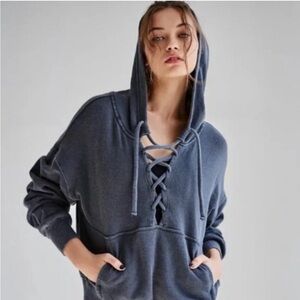 Free People Movement Believe It Lace-Up Hoodie Blue Size Medium